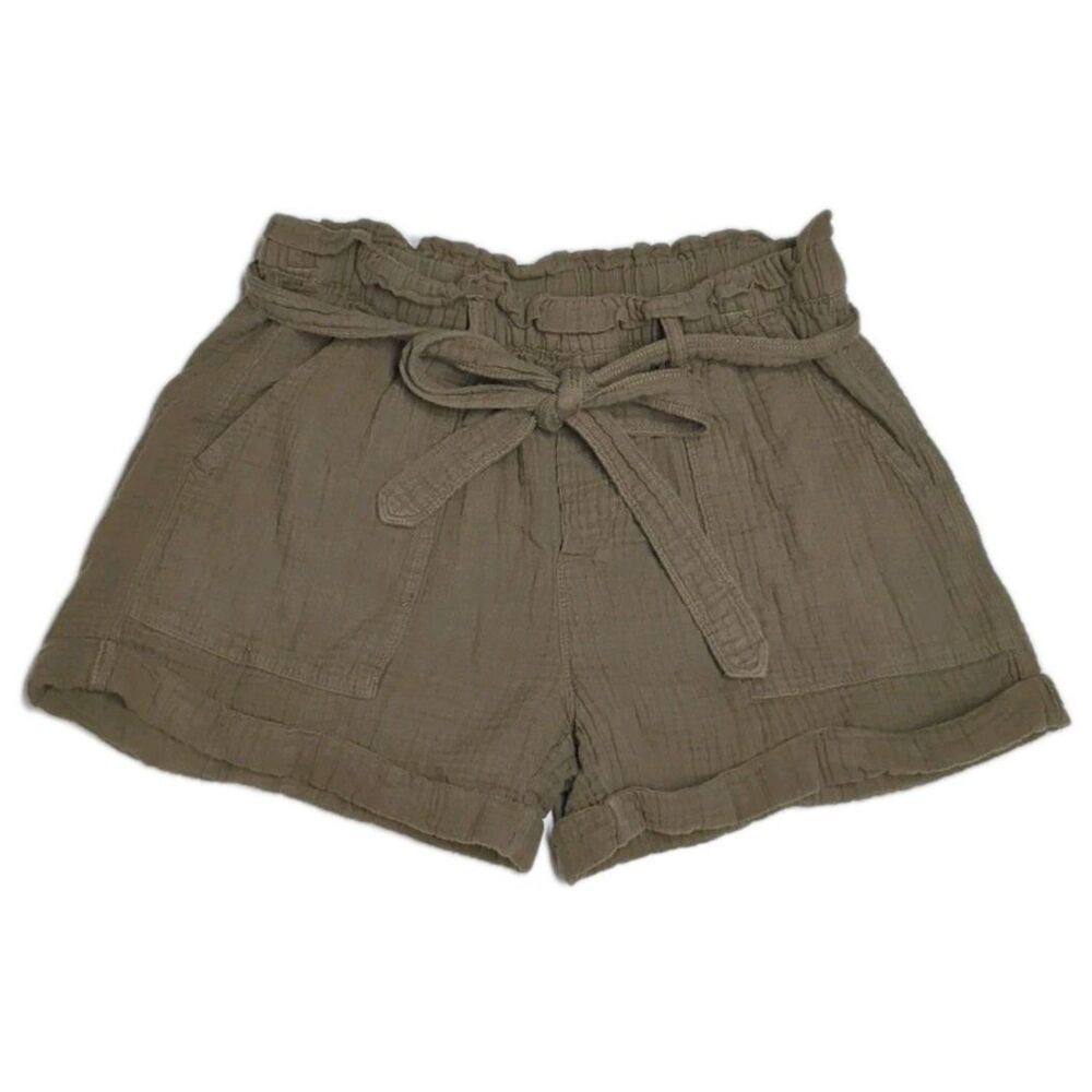 Aerie Paperbag Shorts Women Small Textured Waist Band Back Pocket Olive Green S